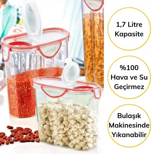 Kilitli Kapaklı Contalı Hava,Su Sıvı Geçirmez 1,7 Litre Erzak Saklama Kabı-SA585