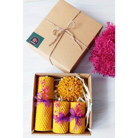 Dekoratif Doğal Petek Balmumu Mum Büyük Çiçekli Set Bal Mumu Mum Beeswax Candle 4 Lü Set