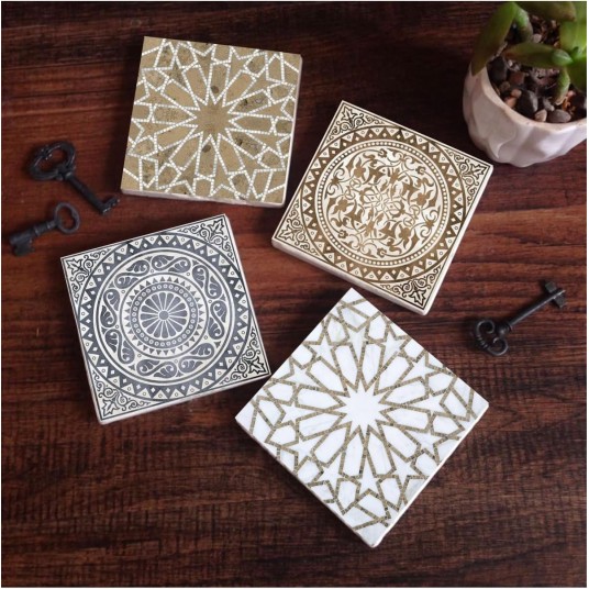 Etnik Desen Taş Bardak Altlığı Masaüstü Koruyucu Altlık 4 Parça Set 10x10cm Stone Coasters SC275