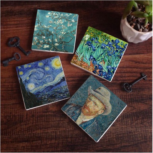 Van Gogh İrisler, Yıldızlı Gece, Badem Ağacı, Otoportre Taş Bardak Altlığı 4'lü Set 10x10cm SC110