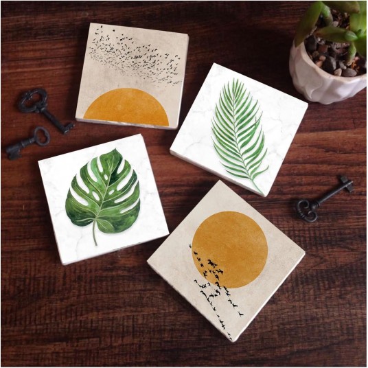 Minimalist, Yaprak Taş Bardak Altlığı Masaüstü Koruyucu Altlık 4 Parça Set 10x10cm Stone Coasters SC344