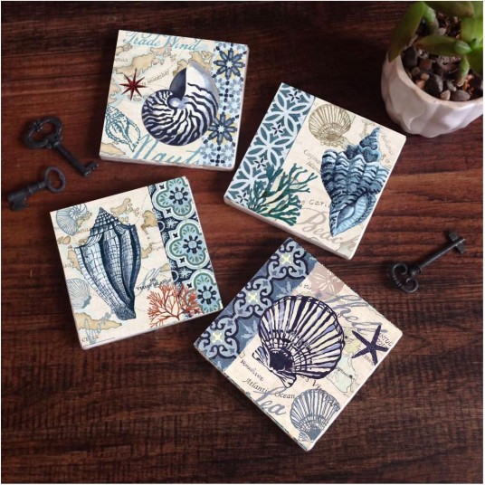 Deniz Kabuğu Taş Bardak Altlığı Masaüstü Koruyucu Altlık 4 Parça Set 10x10cm Stone Coasters SC112