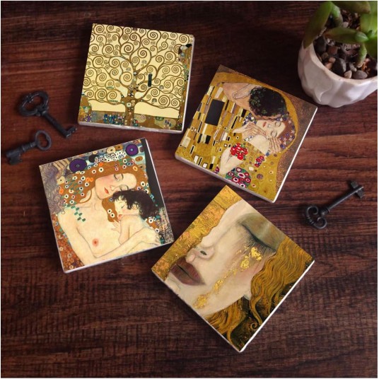 Gustav Klimt Altın Gözyaşları, Anne Çocuk, Öpücük, Hayat Ağacı Taş Bardak Altlığı 4'lü Set 10x10cm SC139