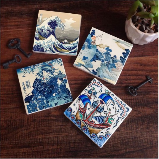 Japon Sanatı, Fuji Dağı, Büyük Dalga, Çini Sanatı Yelkenli Gemi Taş Bardak Altlığı 4'lü Set 10x10cm SC445