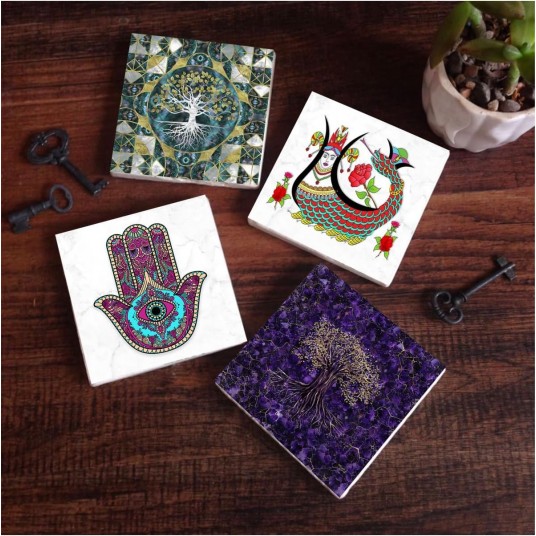 Hayat Ağacı, Fatma Ana Eli (Hamsa), Şahmeran Taş Bardak Altlığı Koruyucu Altlık 4'lü Set 10x10cm SC489