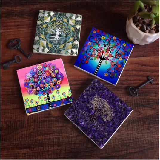 Hayat Ağacı Taş Bardak Altlığı Masaüstü Koruyucu Altlık 4 Parça Set 10x10cm Stone Coasters SC488