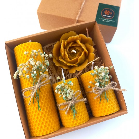 Balmumu Mum Dekoratif Hediye Kutusu 4 Lü Set Doğal Petek Beeswax Candle Açmış Gül Gift Set