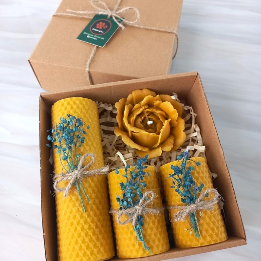 Mum Dekoratif Hediye Kutusu 4 Lü Set Doğal Petek Beeswax Candle Açmış Gül