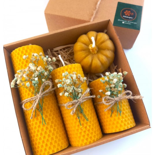 Balmumu Mum Dekoratif Hediye Kutusu 4 Lü Set Doğal Petek Beeswax Candle Bal Kabağı