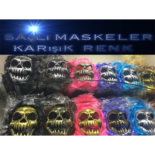 Saçlı Kuru Kafa İskelet Maske 1 Adet