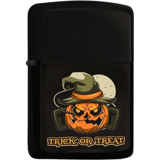 Gift Halloween Trick or Treat Tasarımlı Renkli Baskılı Siyah Benzinli Metal Çakmak