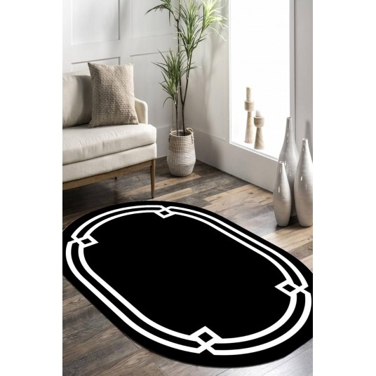 Halı Makinede Yıkanabilen Oval İskandinav Desen Kadife Kumaş Süngerli Dot Taban Oval Salon Halısı Siyah 80 x 150 kreatifNM3525