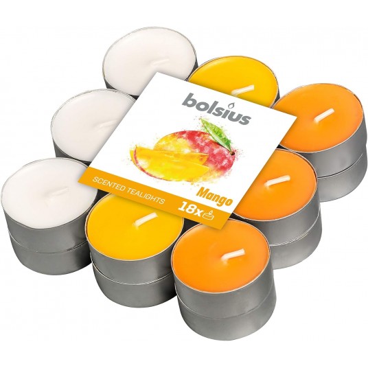 Kokulu Tealight Mum, Mango Kokulu, Karışık Renkli, 18'li Paket, 4 Saatlik Uzun Yanma Süresi - Ev Mumu - İç Dekorasyon - Doğal Özler - Doğal Vegan Balmumu İçerir - Palmiye Yağı İçermez