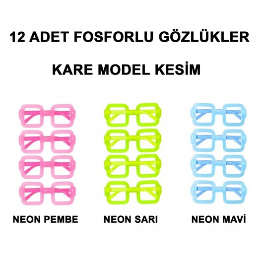 Fosforlu Kare Model Glow Parti Gözlüğü Karanlıkta Yanan Gözlükler 12 Adet