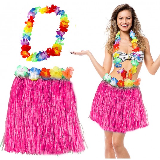 Hawaii Luau ha Pembe Püsküllü 40 cm Etek ve Hawaii Kolye Seti