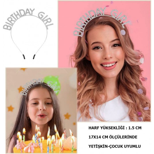 Taşlı Gümüş Birthday Girl Yazılı Doğum Günü Parti Tacı 19x11 cm