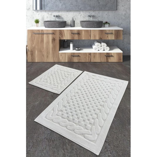 Cotton Ekru 2li Set Banyo Halısı Yıkanabilir, Kaymaz Taban