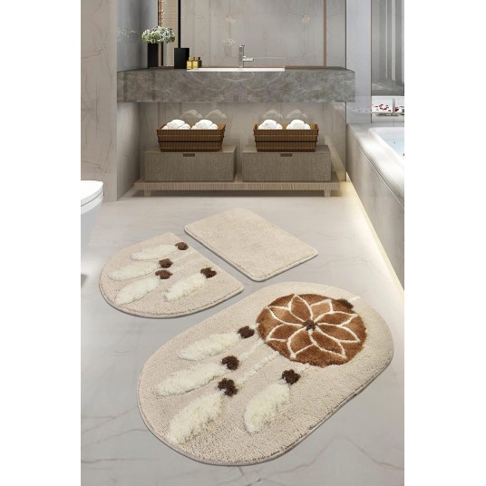 Kahve 3lü Set Banyo Halısı Yıkanabilir Kaymaz Taban