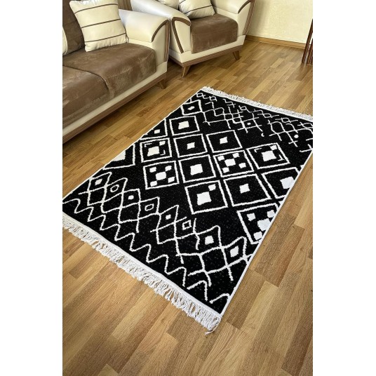 HALI Pamuk Dokuma Yumuşak Çift Taraflı Yıkanabilir Saçaklı Salon Mutfak Yolluk Kilim SİYAH3 80 x 150