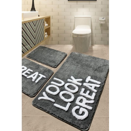 Gri 3lü Set 60x100 Cm 50x60 Cm 40x60 Cm Banyo Halısı, Paspas