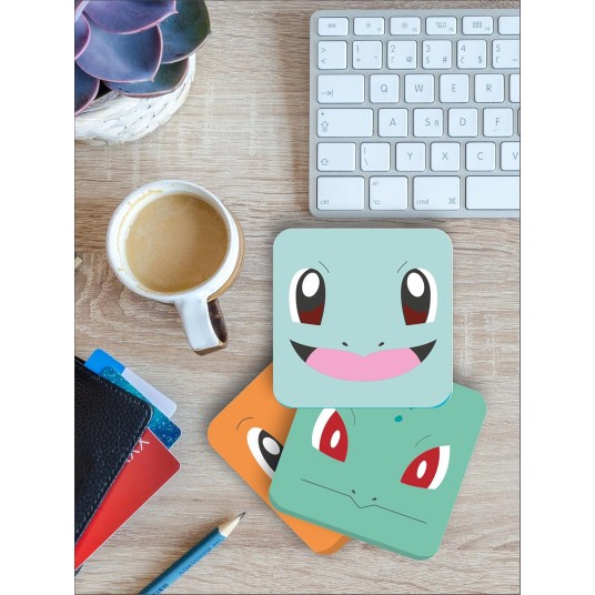 Pokemon Temalı Bardak Altlığı Ahşap Baskılı Altlık 4'lü set (9 x9CM) karbonNM51