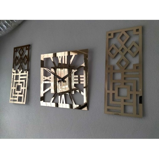 Rakamlı Modern & Şık Tasarım Mdf Üzeri Gold Renk Aynalı Pleksi 3lü Duvar Saat Seti 40x 40