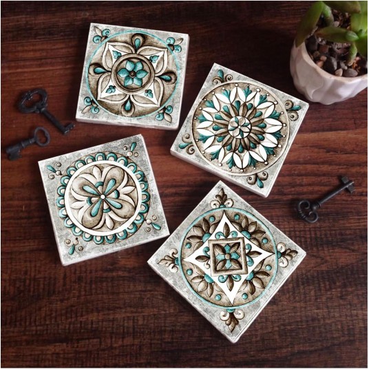 Çini Sanatı Taş Bardak Altlığı Masaüstü Koruyucu Altlık 4 Parça Set 10x10cm Stone Coasters SC146