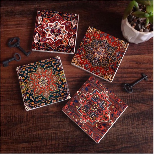 Desen Taş Bardak Altlığı Masaüstü Koruyucu Altlık 4 Parça Set 10x10cm Stone Coasters SC170