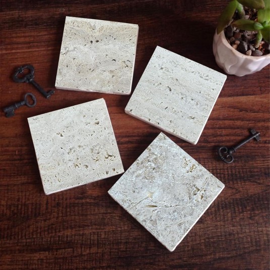 Doğal Taş Bardak Altlığı Masaüstü Koruyucu Altlık 4 Parça Set 10x10cm Stone Coasters