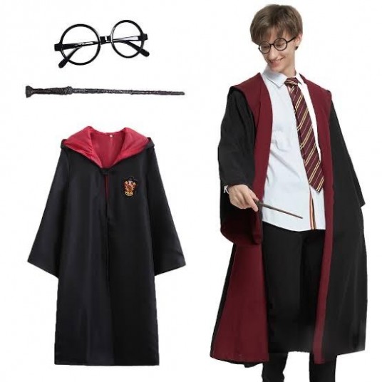 Harry Potter Gryffindor Kapişonlu Çocuk Kostüm + Asa + Gözlük Seti 11-12 Yaş